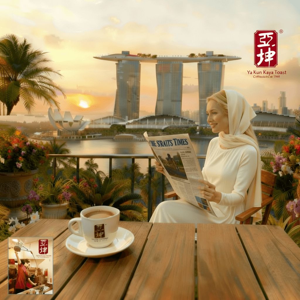Dr. Daniela Schreier in a white hijab reading The Straits Times with Ya Kun Kaya Toast coffee overlooking Singapore's Marina Bay Sands at sunrise
