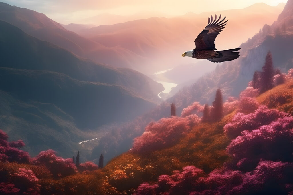bald eagle flying and gliding slowly and majestic on the sky over high mountains. concept of wildlife and pure nature. neural network ai generated