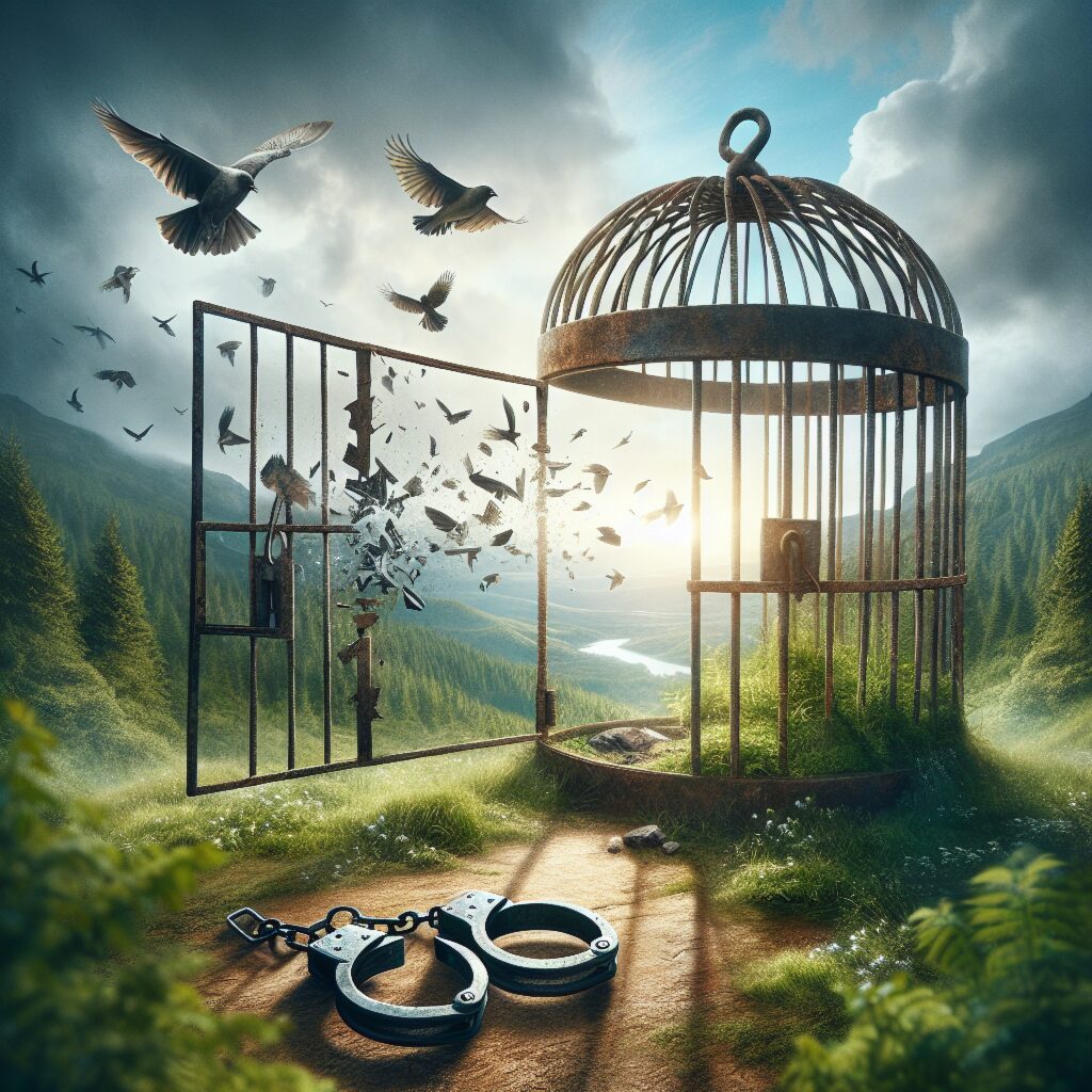 An open birdcage with a bird flying toward the horizon, illustrating the freedom of uncoupling from a stagnant bond.