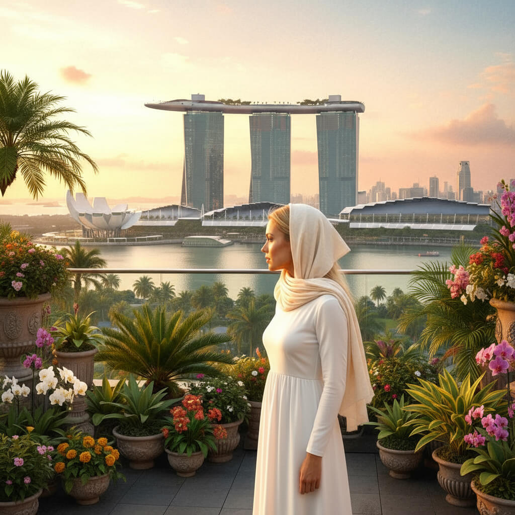 Artistic illustration of Dr. Daniela Schreier in a white hijab and dress standing on a flower-filled terrace overlooking Singapore's Marina Bay Sands and the ArtScience Museum at sunset