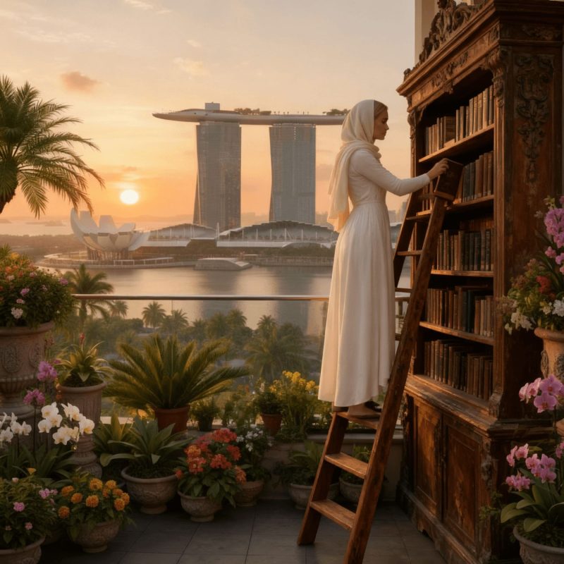 Dr. Daniela Schreier in a white hijab climbing a library ladder to reach books on an ornate bookshelf overlooking Singapore's Marina Bay Sands at sunset