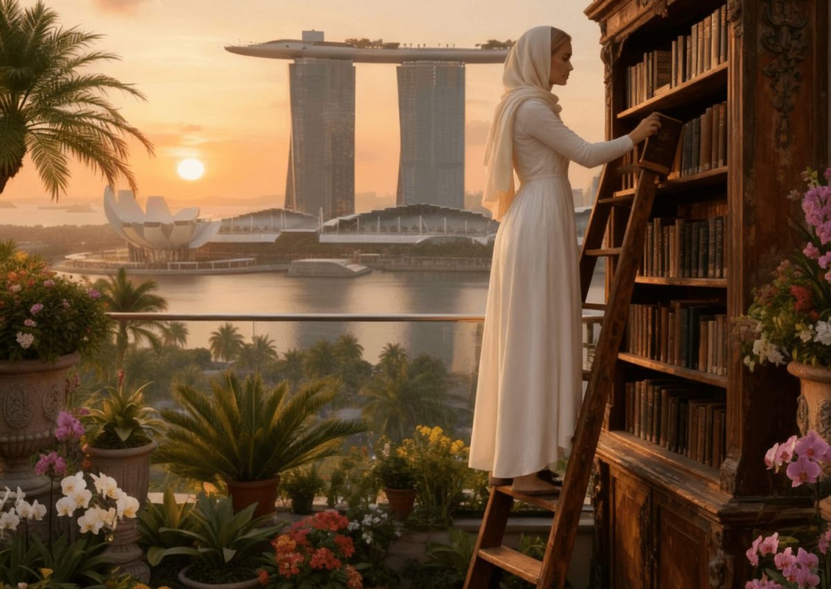 Dr. Daniela Schreier in a white hijab climbing a library ladder to reach books on an ornate bookshelf overlooking Singapore's Marina Bay Sands at sunset