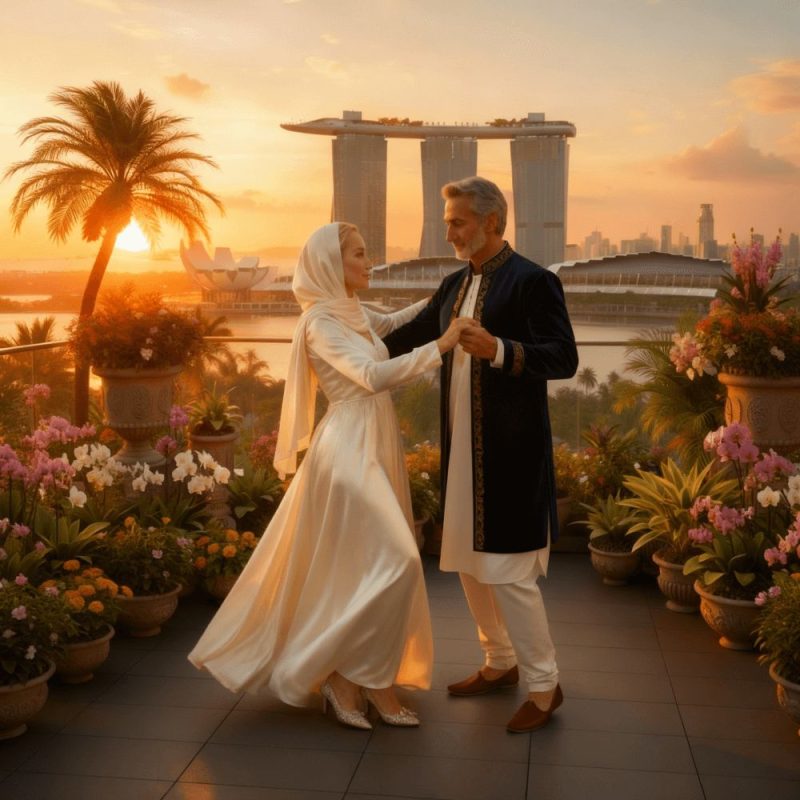 Dr. Daniela Schreier in a white hijab dancing with a man in traditional attire on a flower-filled terrace overlooking Singapore's Marina Bay Sands at sunset